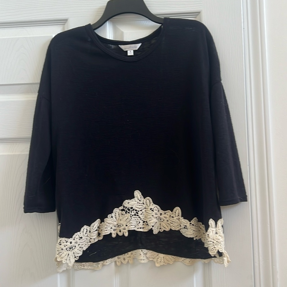 Black sweater with crochet lace trim
